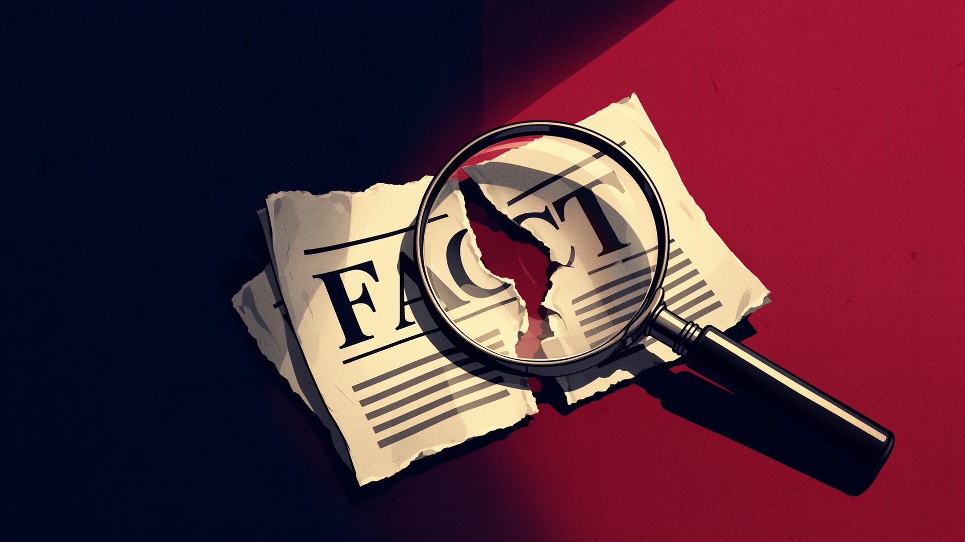 A magnifying glass examining a torn newspaper